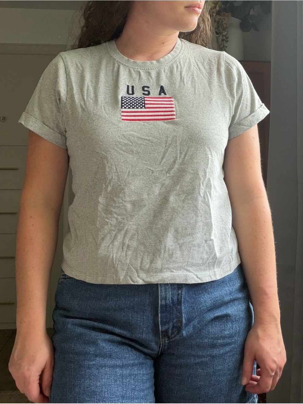 Classic USA Flag Crop Tee - Light Gray